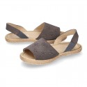 Grey Suede leather Sandal shoes espadrille style with FLOWERS design.