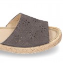 Grey Suede leather Sandal shoes espadrille style with FLOWERS design.