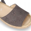 Grey Suede leather Sandal shoes espadrille style with FLOWERS design.