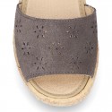 Grey Suede leather Sandal shoes espadrille style with FLOWERS design.