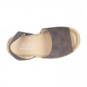 Grey Suede leather Sandal shoes espadrille style with FLOWERS design.