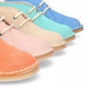 Suede leather kids safari boots with laces in SPRING colors.