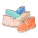 Suede leather kids safari boots with laces in SPRING colors.