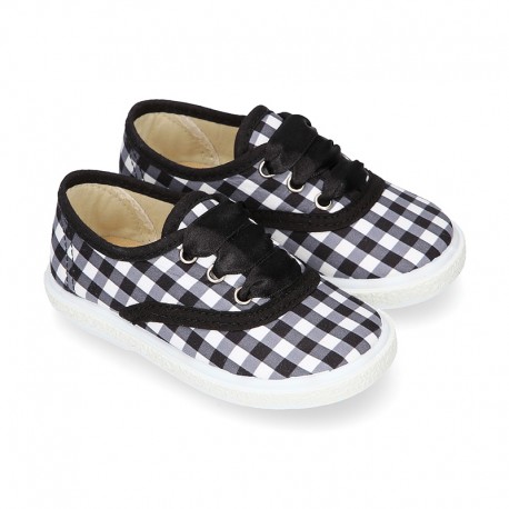 BLACK Cotton canvas Kids Bamba shoes with VICHY SQUARE design.