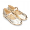 Girl T-BAR Mary Jane shoes in GOLD Nappa leather with BRAIDED design.