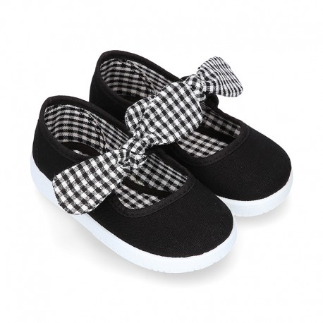 BLACK VICHY square design Cotton canvas girl Mary Jane shoes.