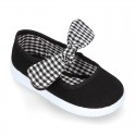 BLACK VICHY square design Cotton canvas girl Mary Jane shoes.