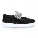 BLACK VICHY square design Cotton canvas girl Mary Jane shoes.