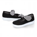 BLACK VICHY square design Cotton canvas girl Mary Jane shoes.