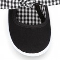 BLACK VICHY square design Cotton canvas girl Mary Jane shoes.