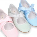 Little Angel style Girl ballet flat shoes in COTTON LINEN with ties closure.