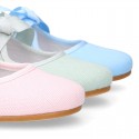 Little Angel style Girl ballet flat shoes in COTTON LINEN with ties closure.