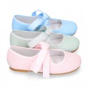 Little Angel style Girl ballet flat shoes in COTTON LINEN with ties closure.