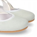 MINT SOFT SUEDE leather Girl Ballet flat shoes dancer style with elastic bands.