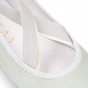 MINT SOFT SUEDE leather Girl Ballet flat shoes dancer style with elastic bands.