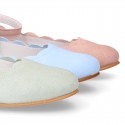 Soft suede leather little girl Mary Janes with WAVES design.