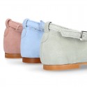 Soft suede leather little girl Mary Janes with WAVES design.