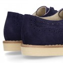 Suede leather Kids Laces up shoes for CEREMONY combined with linen canvas.