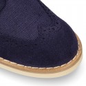 Suede leather Kids Laces up shoes for CEREMONY combined with linen canvas.