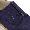 Suede leather Kids Laces up shoes for CEREMONY combined with linen canvas.