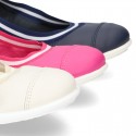 Stretch girl ballet flat shoes with toe cap in washable nappa leather.