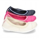 Stretch girl ballet flat shoes with toe cap in washable nappa leather.