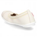 Stretch girl ballet flat shoes with toe cap in washable nappa leather.