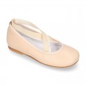 IVORY SOFT NAPPA leather Girl Ballet flat shoes dancer style with elastic bands.