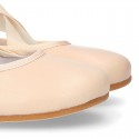 Bailarina niña tipo Ballet con cintas cruzadas elásticas en piel NAPA SUAVE en color beige.