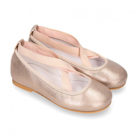 LAMINATED SOFT SUEDE leather Girl Ballet flat shoes dancer style with elastic bands.