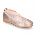 LAMINATED SOFT SUEDE leather Girl Ballet flat shoes dancer style with elastic bands.