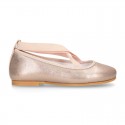 LAMINATED SOFT SUEDE leather Girl Ballet flat shoes dancer style with elastic bands.