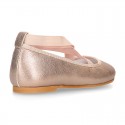 LAMINATED SOFT SUEDE leather Girl Ballet flat shoes dancer style with elastic bands.