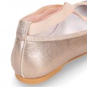 LAMINATED SOFT SUEDE leather Girl Ballet flat shoes dancer style with elastic bands.