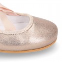 LAMINATED SOFT SUEDE leather Girl Ballet flat shoes dancer style with elastic bands.