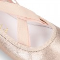 LAMINATED SOFT SUEDE leather Girl Ballet flat shoes dancer style with elastic bands.