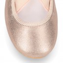 LAMINATED SOFT SUEDE leather Girl Ballet flat shoes dancer style with elastic bands.