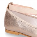 LAMINATED SOFT SUEDE leather Girl Ballet flat shoes dancer style with elastic bands.