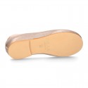 LAMINATED SOFT SUEDE leather Girl Ballet flat shoes dancer style with elastic bands.