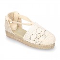 Girl Cotton Canvas CEREMONY espadrille shoes with ties and LACE design.