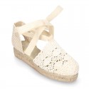 Girl Cotton Canvas CEREMONY espadrille shoes with ties and LACE design.