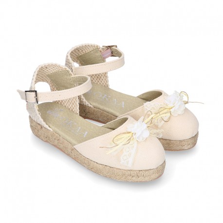 Cotton Canvas CEREMONY espadrille shoes with FLOWER design and buckle fastening.