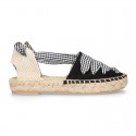 BLACK Cotton Canvas Girl espadrille shoes with VICHY ties closure design.