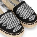 BLACK Cotton Canvas Girl espadrille shoes with VICHY ties closure design.