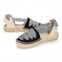 BLACK Cotton Canvas Girl espadrille shoes with VICHY ties closure design.