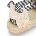 BLACK Cotton Canvas Girl espadrille shoes with VICHY ties closure design.