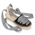 BLACK Cotton Canvas Girl espadrille shoes with VICHY ties closure design.