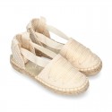 BEIGE Cotton Canvas Girl espadrille shoes with VICHY ties closure design.