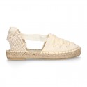 BEIGE Cotton Canvas Girl espadrille shoes with VICHY ties closure design.