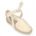 BEIGE Cotton Canvas Girl espadrille shoes with VICHY ties closure design.